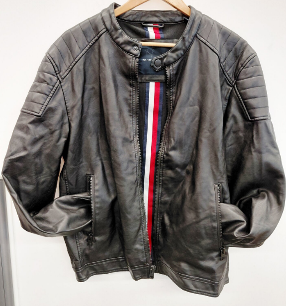 [L] Tommy Hilfiger Men’s Black Faux Leather Moto Racer Jacket Quilted Shoulders